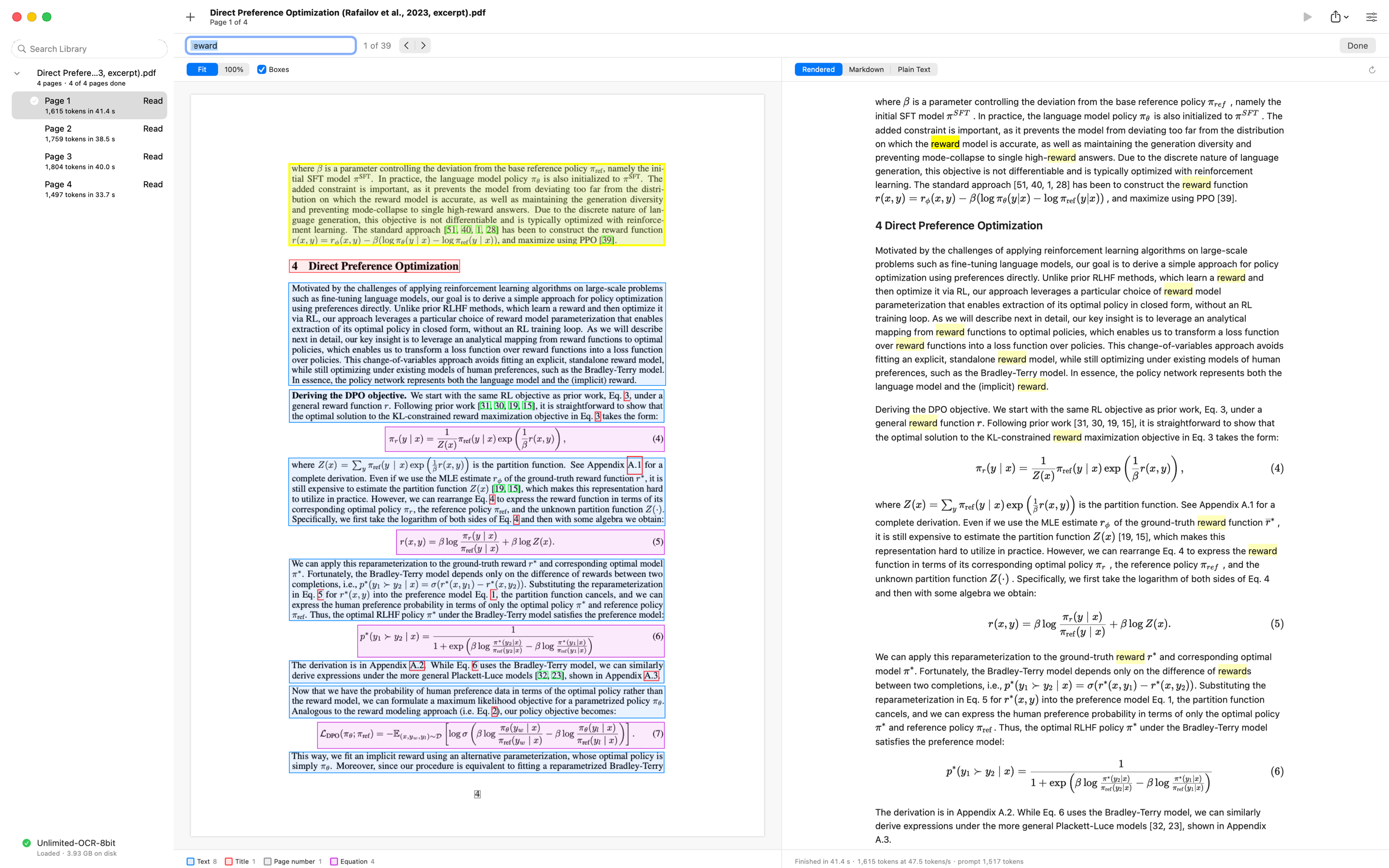 The find bar under the toolbar with a word typed and the count of matches; the matches highlighted in the text and ringed on the page image