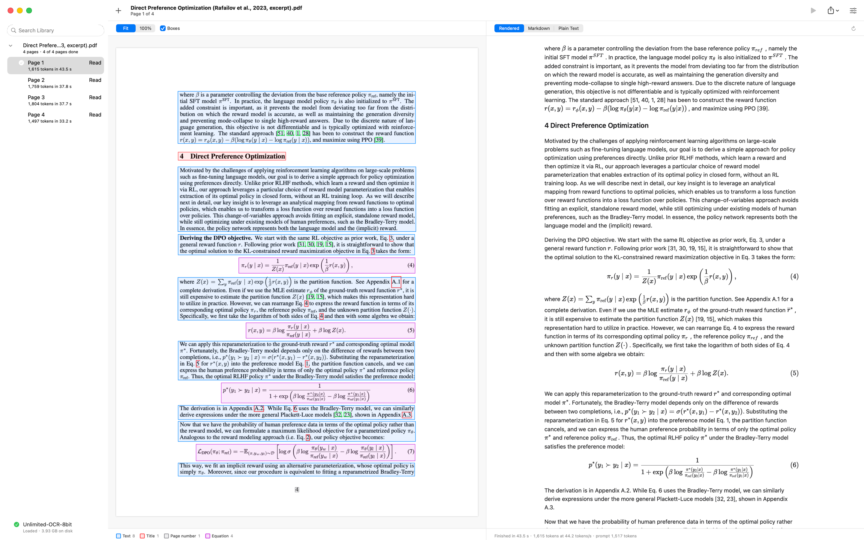 A page of the DPO paper beside its rendered text: numbered display equations with expectations, logarithms and sigmoids typeset as on the page