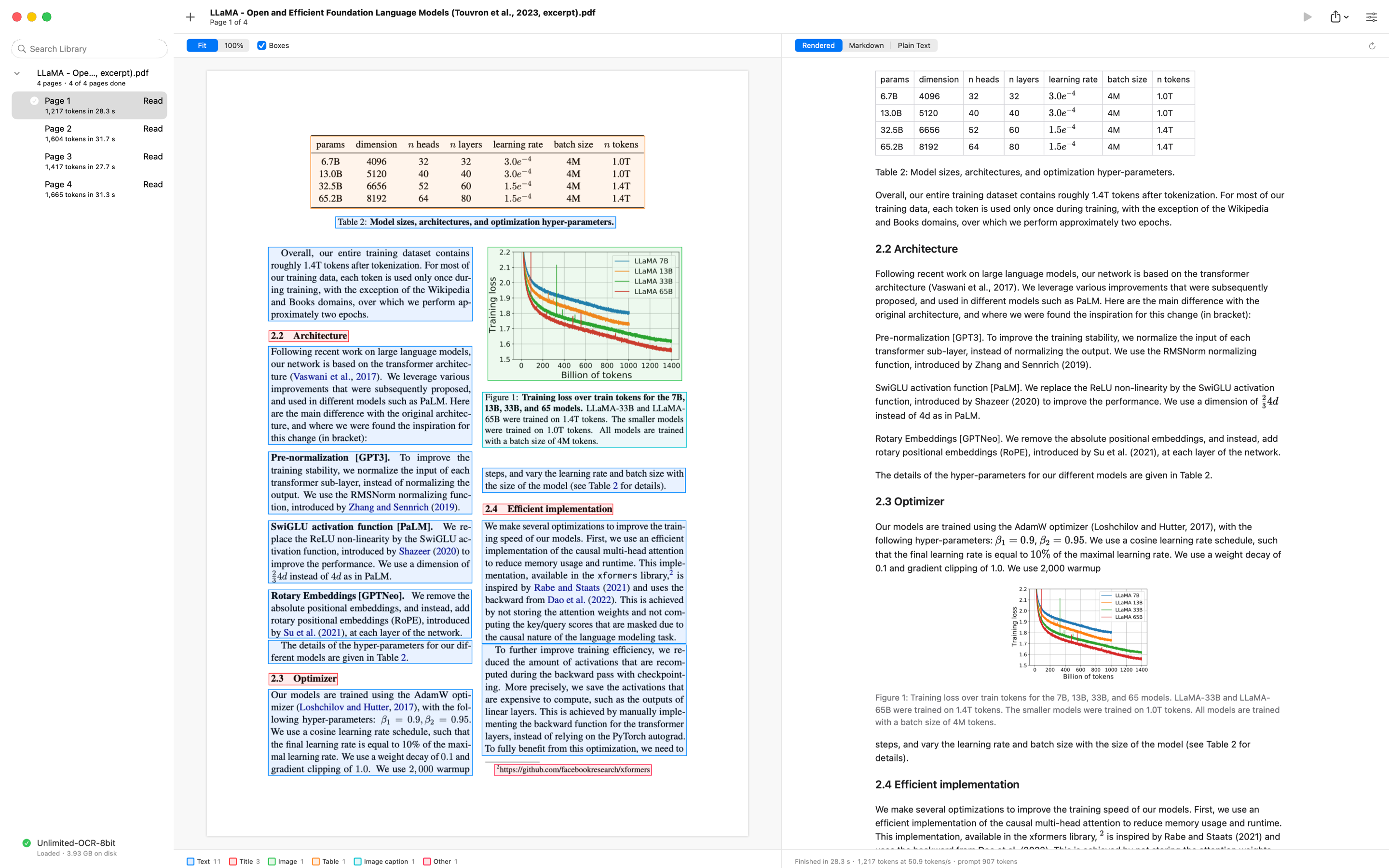 A page of the LLaMA paper with a table of model sizes and a training-loss figure, beside its rendered text with the table as a table and the figure cropped in place