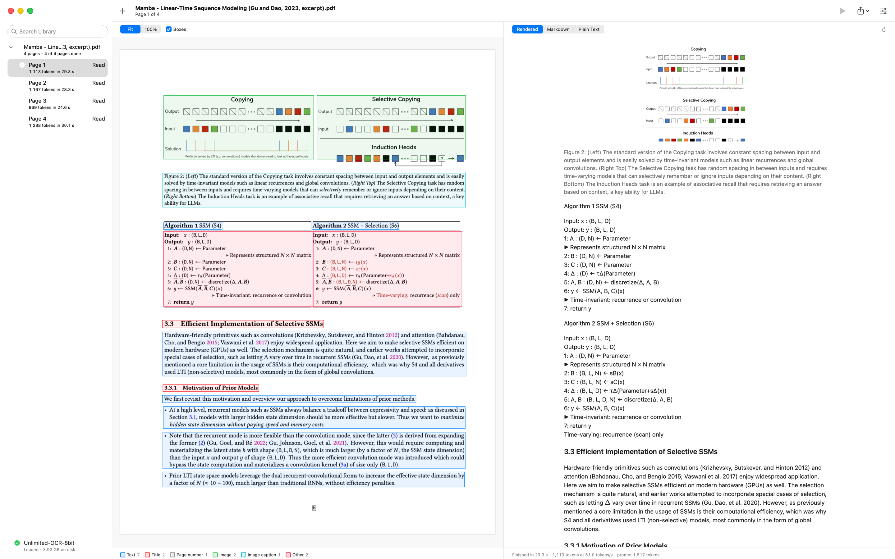 A page of the Mamba paper with a figure and two algorithm boxes, beside its rendered text with the figure cropped in place and each algorithm step on its own line