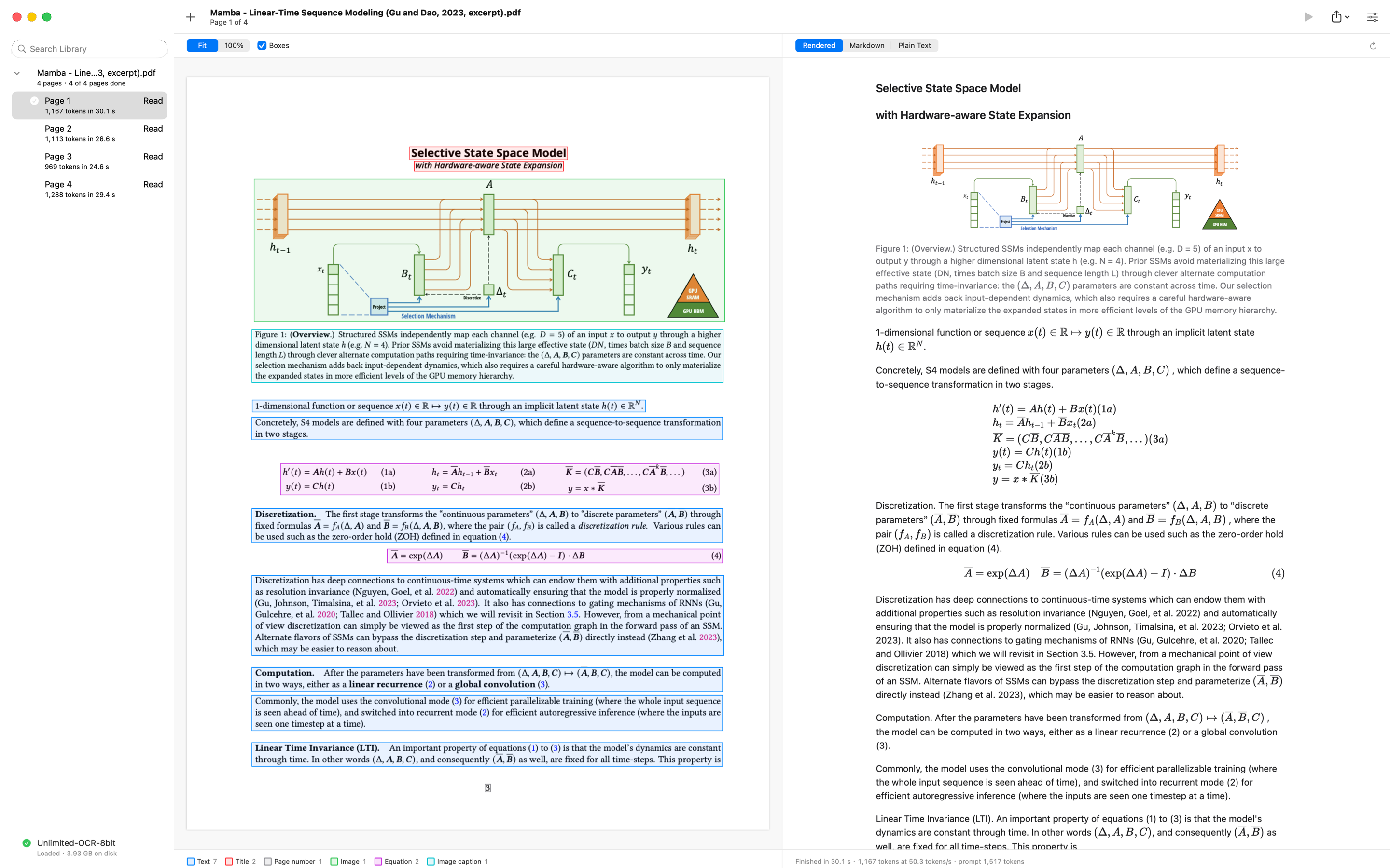 The Legible OCR window: the library in a sidebar, a page of the Mamba paper with every block boxed in the middle, and on the right the rendered text with the figure cropped in place and the equations typeset